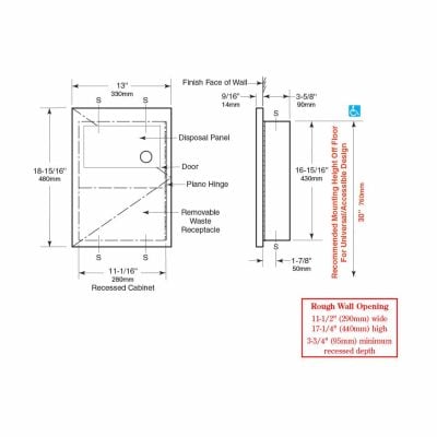 Line drawing and dimensions Bobrick Recessed Sanitary Napkin Disposal B-35303.