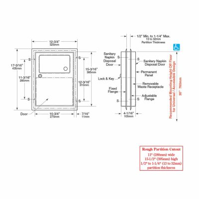 Bobrick Partition Mounted Sanitary Napkin Disposal B-354 line drawing, dimensions.