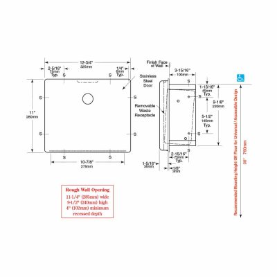 Bobrick Contura Recessed Sanitary Napkin Disposal B-4353 detailed line drawing.