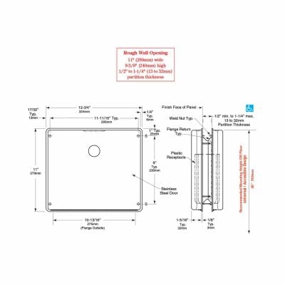 Bobrick Contura Partition Mounted Sanitary Napkin Disposal B-4354 line drawings.