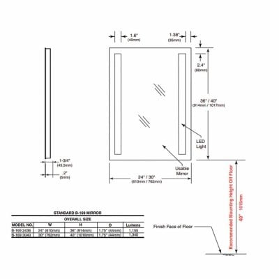 Dimensions of the Bobrick B-169 LED side lit mirror system.