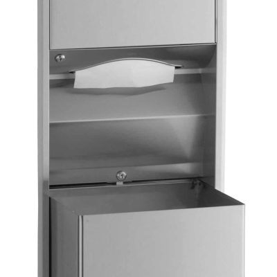 Detail of Bobrick B-3947 recessed paper towel dispenser waste receptacle