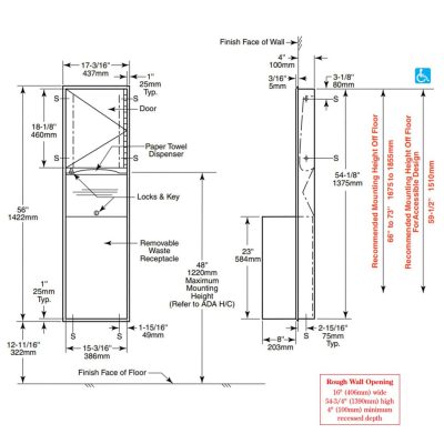 Dimensions of Bobrick B-3947 recessed paper towel dispenser waste receptacle