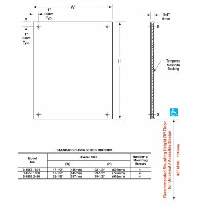 Bobrick Frameless Stainless Steel Mirror B-1556 line drawings with dimensions.