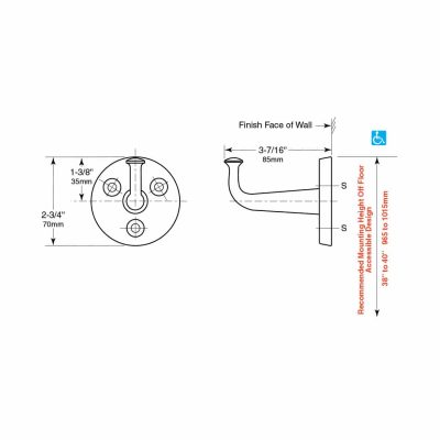 Bobrick Heavy Duty Clothes Hook, Exposed Mounting B-211 line drawing.