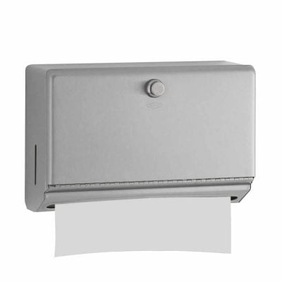 Bobrick Surface Mount Paper Towel Dispenser B-2621 with towel protruding.