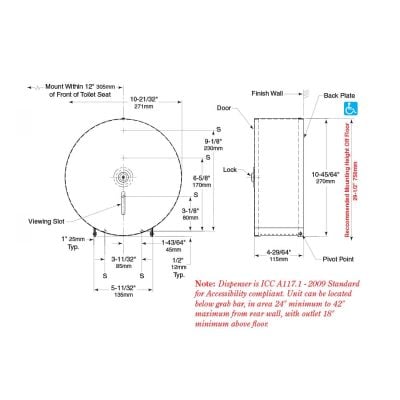 Bobrick Surface Mounted Single Jumbo Roll Toilet Tissue Dispenser B-2890 line drawing.