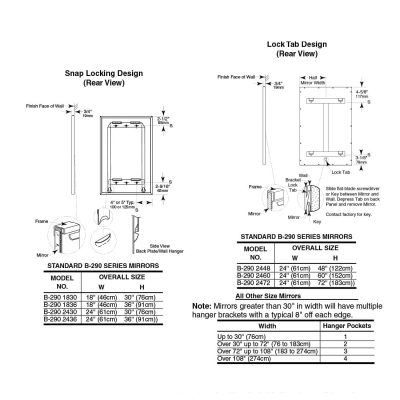 Bobrick Glass Mirror Stainless Steel Angle Frame B-290 dimensions.