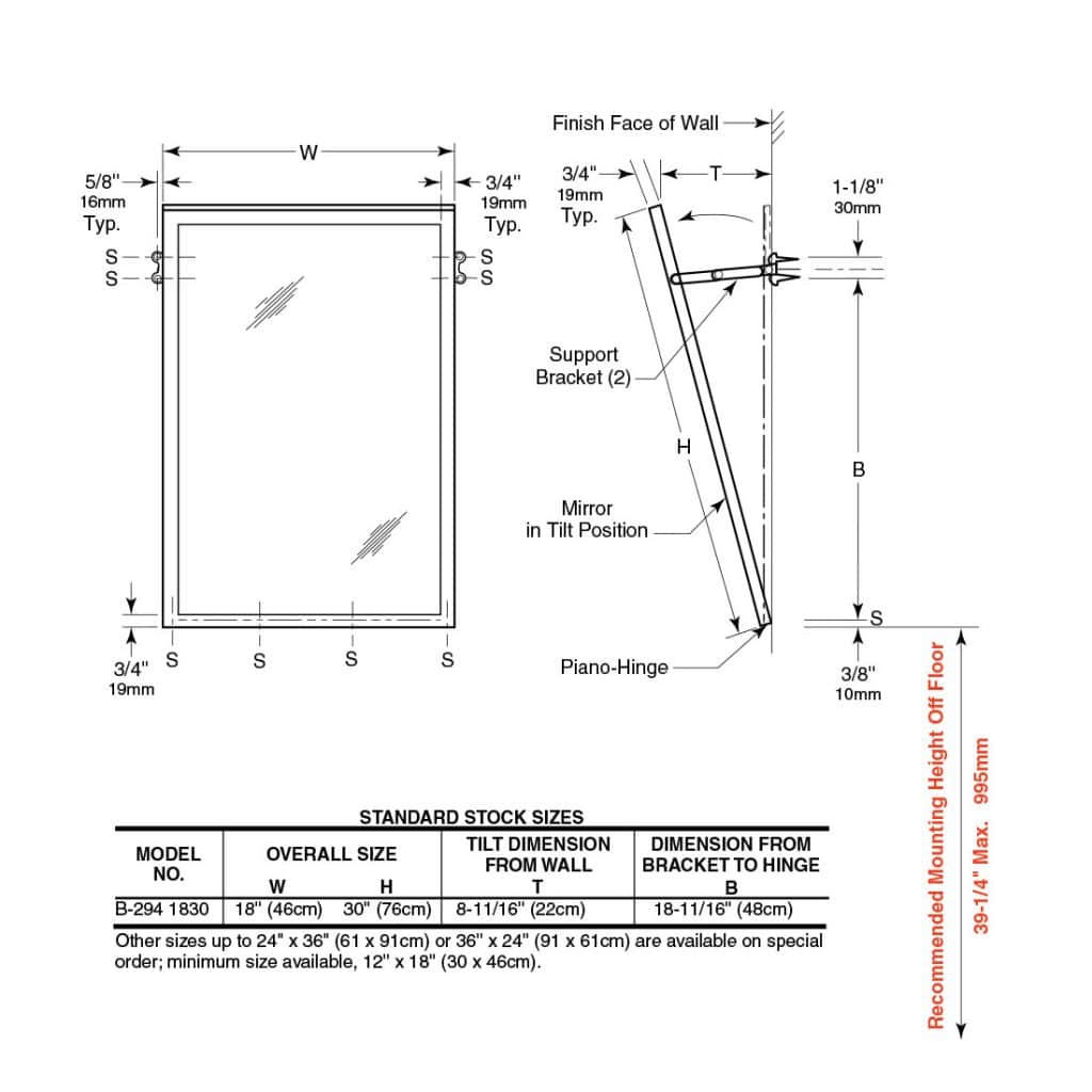 Bobrick Tilt Mirror With Stainless Steel Frame B-294 - Partition Plus