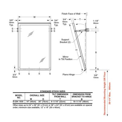 Bobrick Tilt Mirror with Stainless Steel Frame B-294 detailed dimensions.