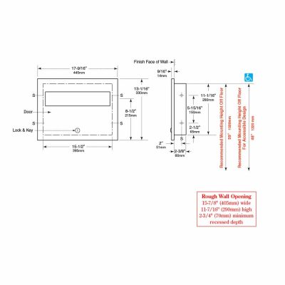 Line drawing, with dimensions, of Bobrick Recessed Toilet Seat Cover Dispenser B-3013.