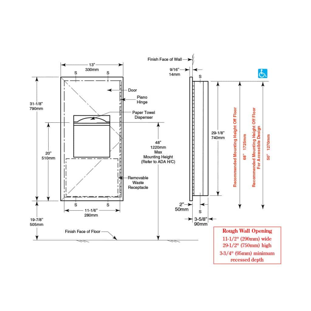 Bobrick TrimLine Recessed Towel Waste B-36903 - Partition Plus