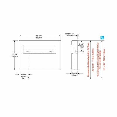 Bobrick Contura Surface Mounted Seat Cover Dispenser B-4221 line drawings.