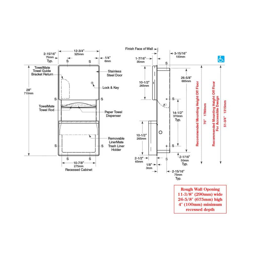 Bobrick Contura Recessed Towel Waste Unit B-4369 - Partition Plus