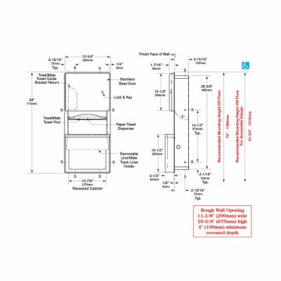 Dimensions of Bobrick Contura Recessed Towel Dispenser Waste Receptacle B-4369