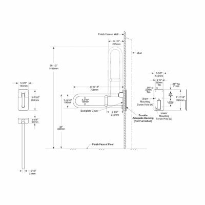 Bobrick Vinyl Coated Swing Up Grab Bar B-49916 dimensions drawing.