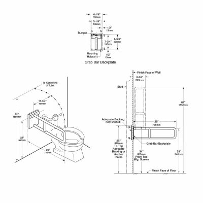 Bobrick Swing Up Grab Bar B-4998 detailed dimensions line drawing.