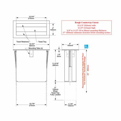 Bobrick TrimLine Countertop Paper Towel Dispenser B-526 line drawings.