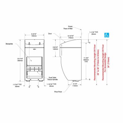 Bobrick Matrix Surface Multi Roll Dispenser B-5288 line drawing, dimensions.