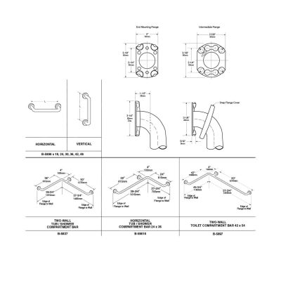 Bobrick 1 ¼” Diameter Straight Grab Bar B-5806, dimensional drawing.