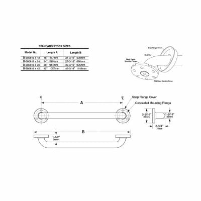 Bobrick 1 ¼” Straight Vinyl Coated Grab Bar B-580616 dimensions.