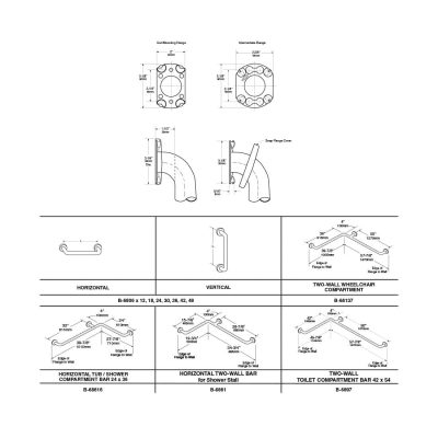 Bobrick 1 ½” Diameter Straight Grab Bar B-6806 detailed dimensions.