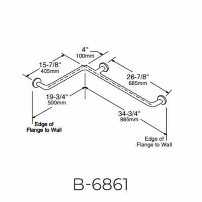 Bobrick 1 ½” Diameter Two-Wall Grab Bar B-6861 detailed dimensions line drawing.