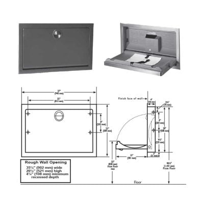 Detailed dimensions of Koala Kare’s KB110-SSRE stainless baby changing station.