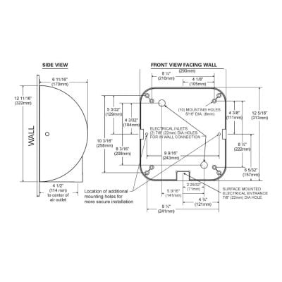 Detailed dimension line drawing of the Excel XLERATOR hand dryer.