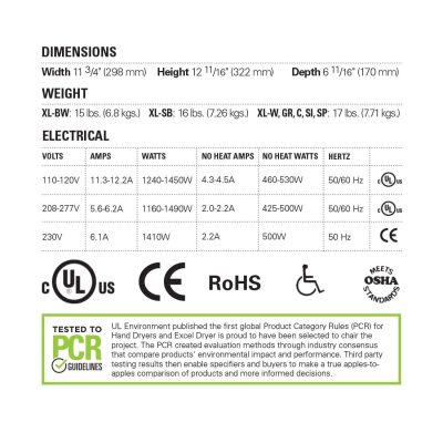 Chart showing XLERATOR hand dryer dimensions, weight, and electrical specifications.