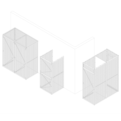 Line drawing showing multiple BeastWire mesh storage locker configurations.