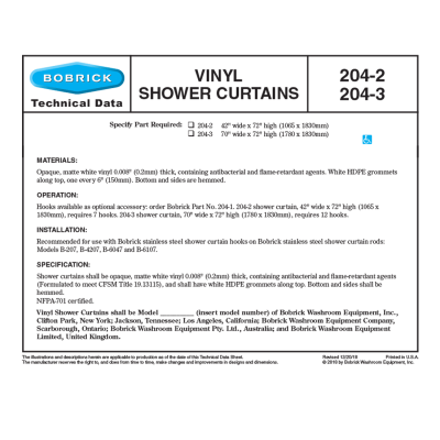 Graphic showing specifications of Bobrick Vinyl Shower Curtain 204-2.