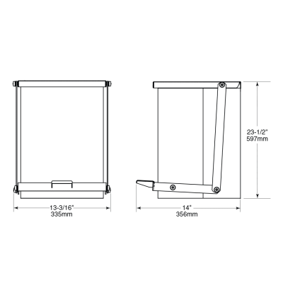 Line drawing Bobrick Foot-Operated Waste Receptacle B-220816, with dimensions.