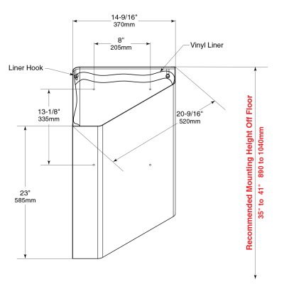 Line drawing of Bobrick Surface-Mounted Corner Waste Receptacle B-268.