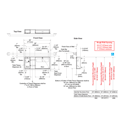 Line drawing of the Bobrick Recessed Toilet Tissue, Seat Cover Dispenser and Waste Disposal B-3091.