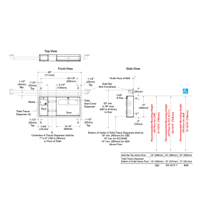 Line drawing of Bobrick Surface-Mount Toilet Tissue, Seat Cover Dispenser and Waste Disposal B-30919.