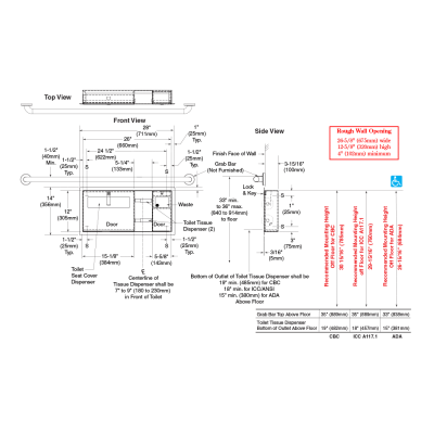 Line drawing of Bobrick Recessed Toilet Tissue, Seat Cover Dispenser and Waste Disposal B-3091.