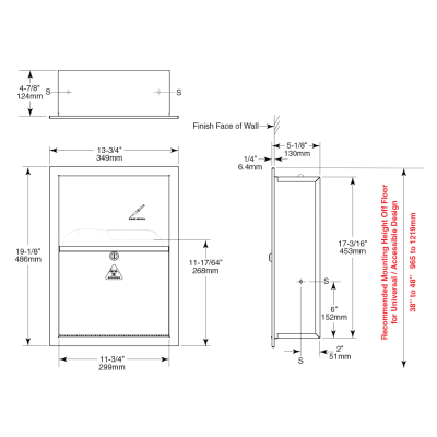 Line drawing of the Bobrick Recessed Sharp Disposal B-35016.