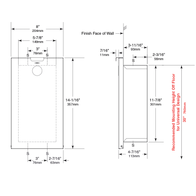 Line drawing of the Bobrick Recessed Sanitary Napkin Disposal B-3513.