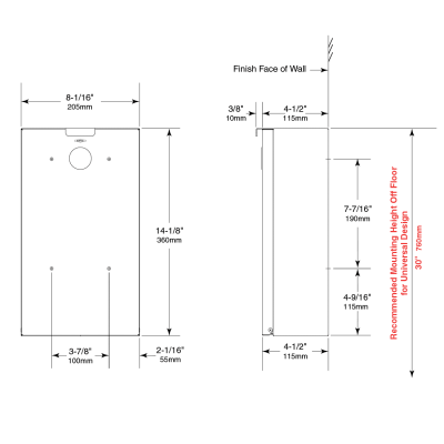 Line drawing of the Bobrick Surface-Mounted Sanitary Napkin Disposal B-35139.