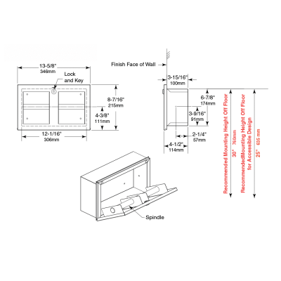 Line drawing of the Bobrick Recessed Multi-Roll Toilet Tissue Dispenser B-35883.