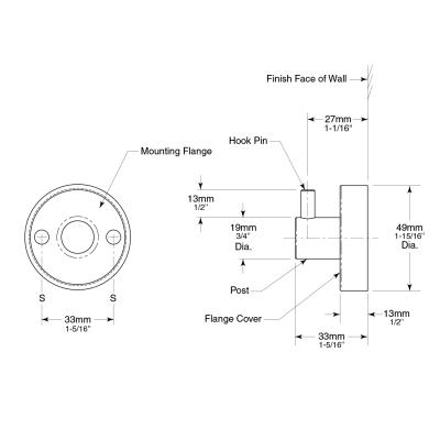 Line drawing of the Bobrick Cubicle Collection Single Coat Hook B-542.