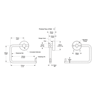 Line drawing of Bobrick Cubicle Collection Toilet Tissue Dispenser B-543.