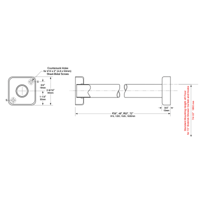 Black and white line drawing showing the design and dimensions of the Bobrick Heavy-Duty Shower Curtain Rod B-6107.