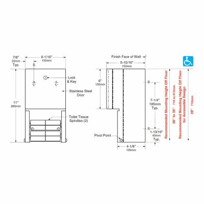 Bobrick 4288 Toilet Tissue Dispenser Dimensions