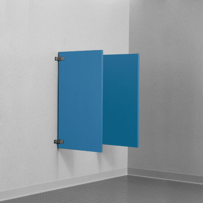 Photograph of Bobrick wall hung urinal screens in plastic laminate.