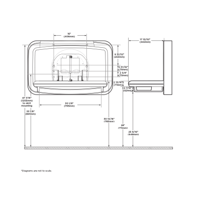 Diagram showing the dimensions of the Koala Kare KB311-SSWM horizontal surface mount baby changing station when open.