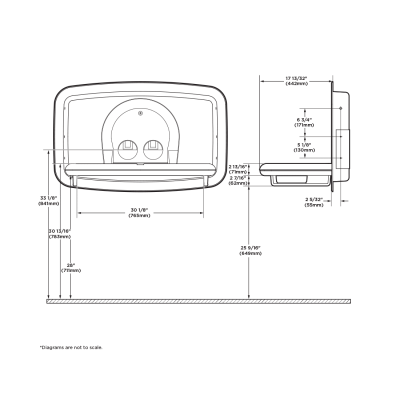 Diagram showing Koala Kare KB310-SSRE horizontal recessed baby changing station when open.