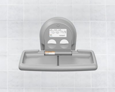 Koala Kare's Horizontal Surface Mounted Baby Changing Station KB300 - Front View Opened in Gray and Stainless Steel