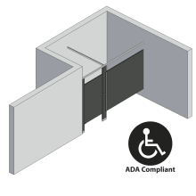 An isometric view of a ADA 1 stall, alcove left hand toilet partition layout